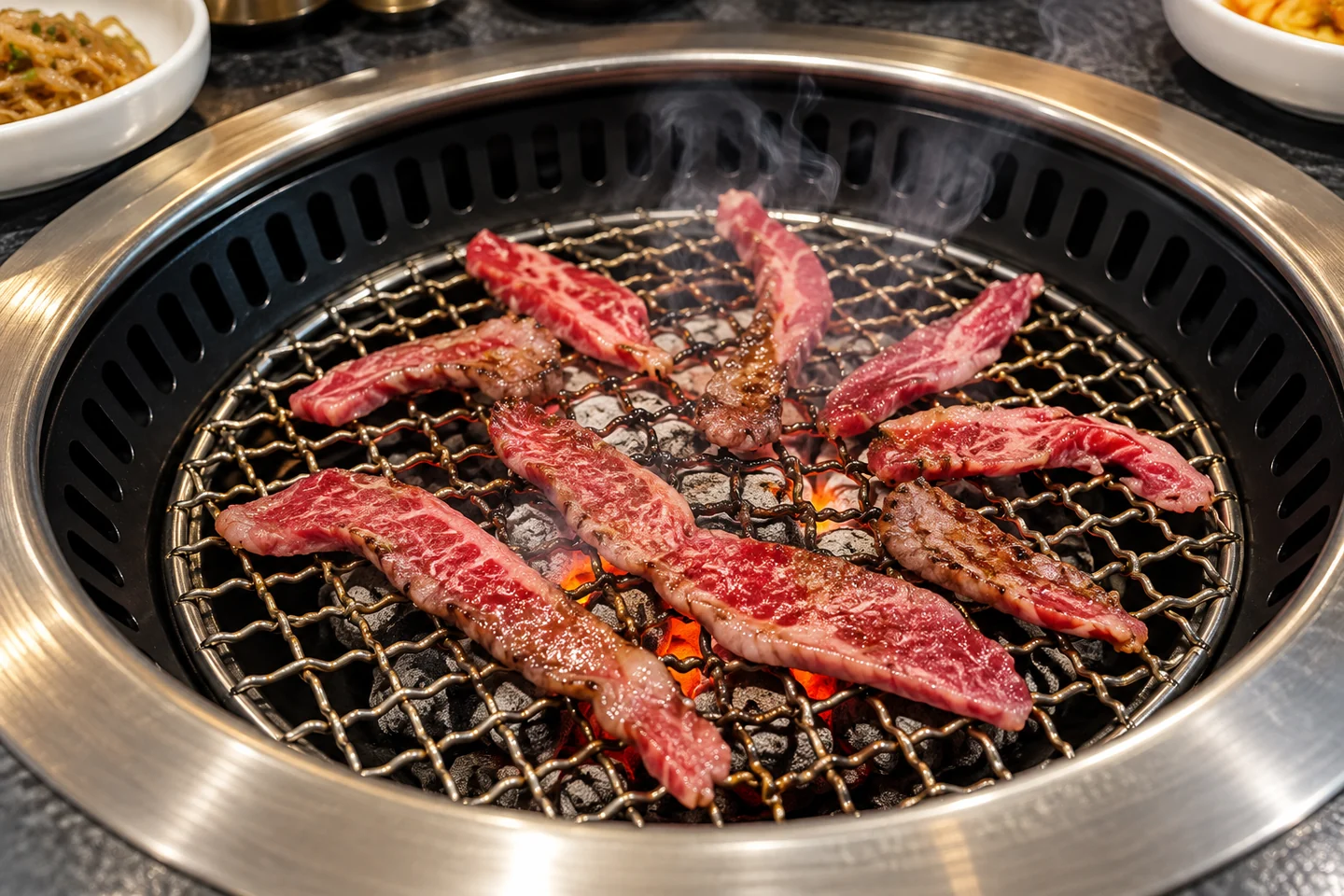 숯불 그릴 위 길게 펼친 갈비살 재구성 AI 재구성 이미지