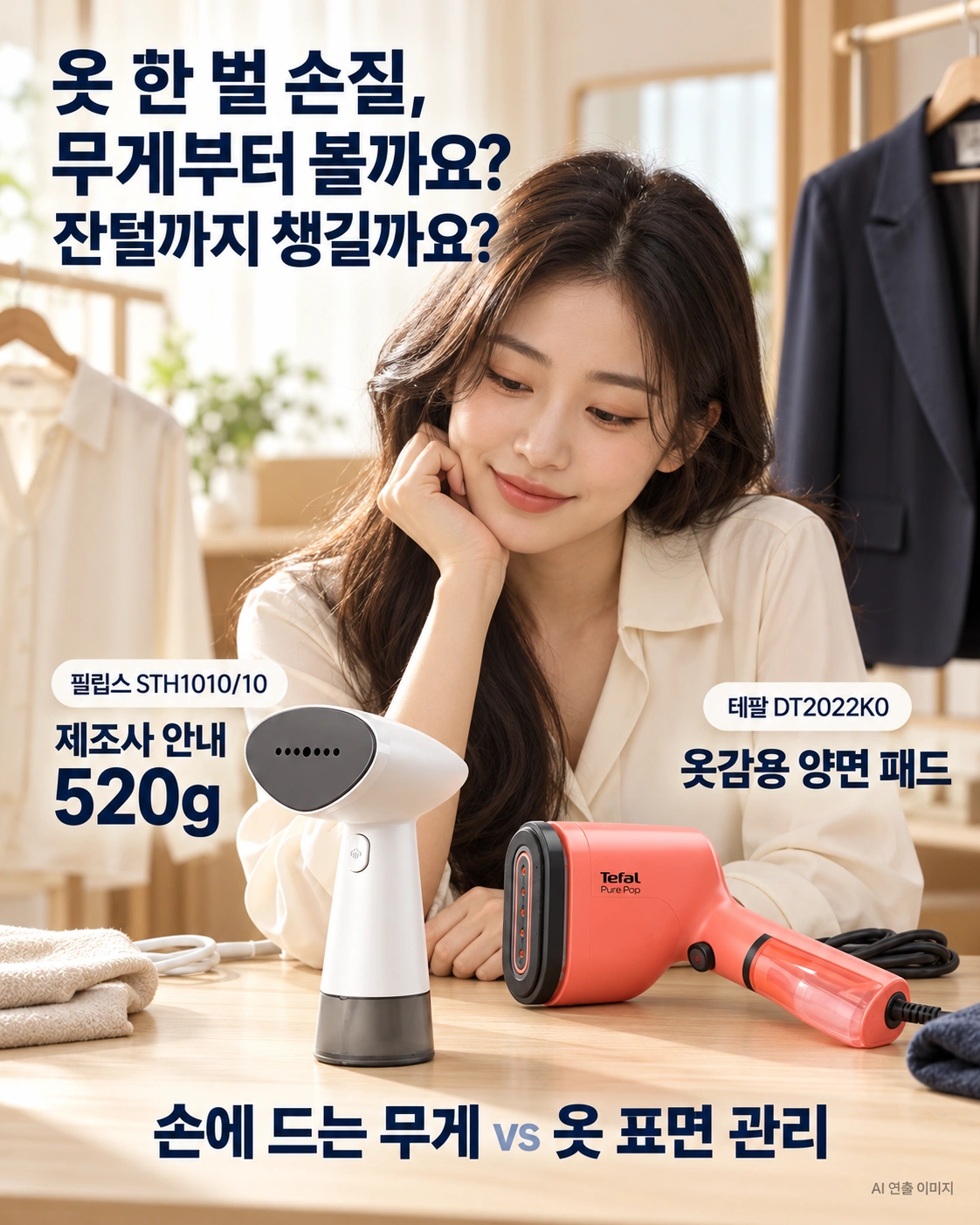 필립스의520g 본체와 테팔의옷감용 양면패드를 선택기준으로 보여주는 AI광고연출