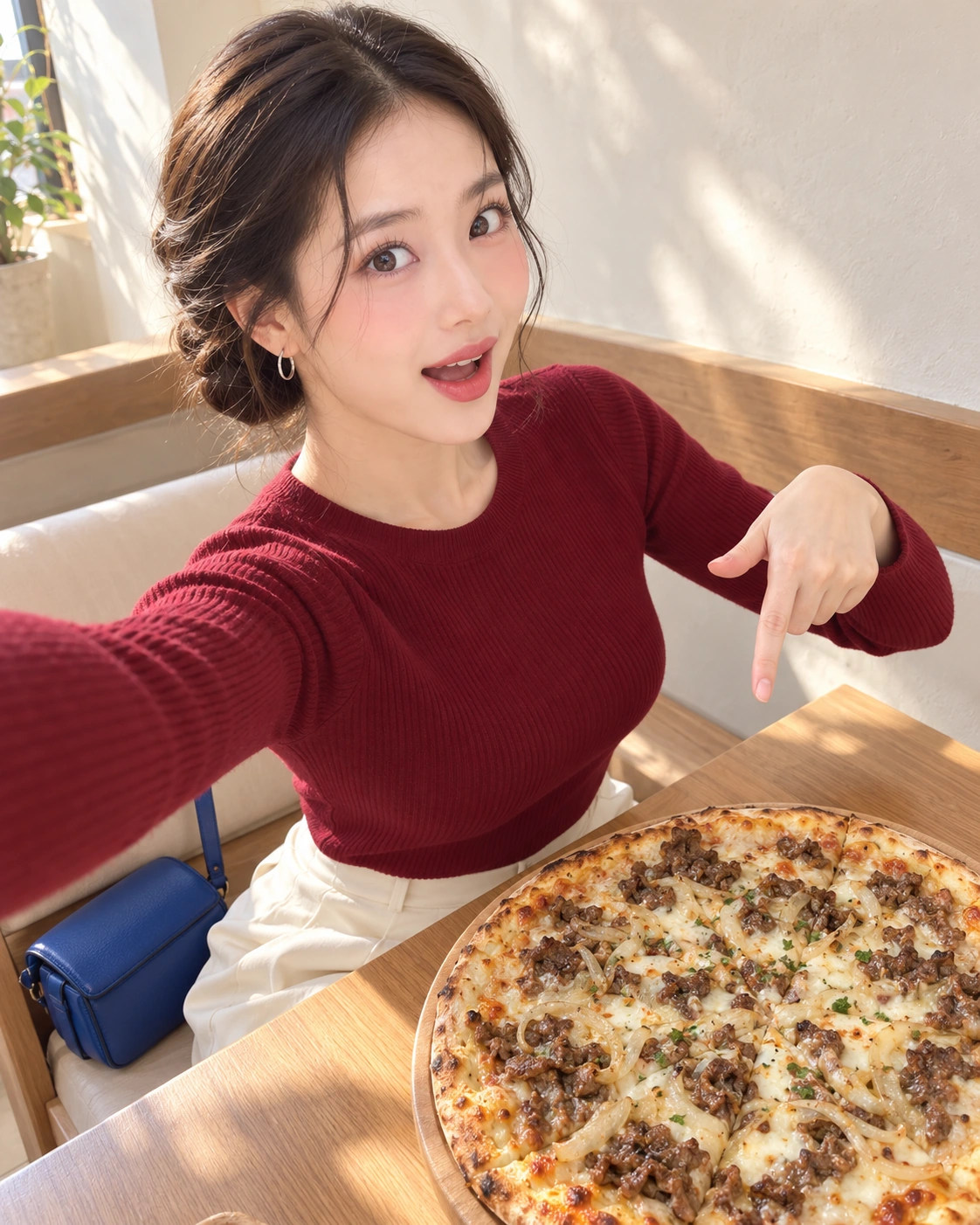 AI 가상 셀카: 높은 각도에서 불고기 피자를 손으로 소개하는 김마에
