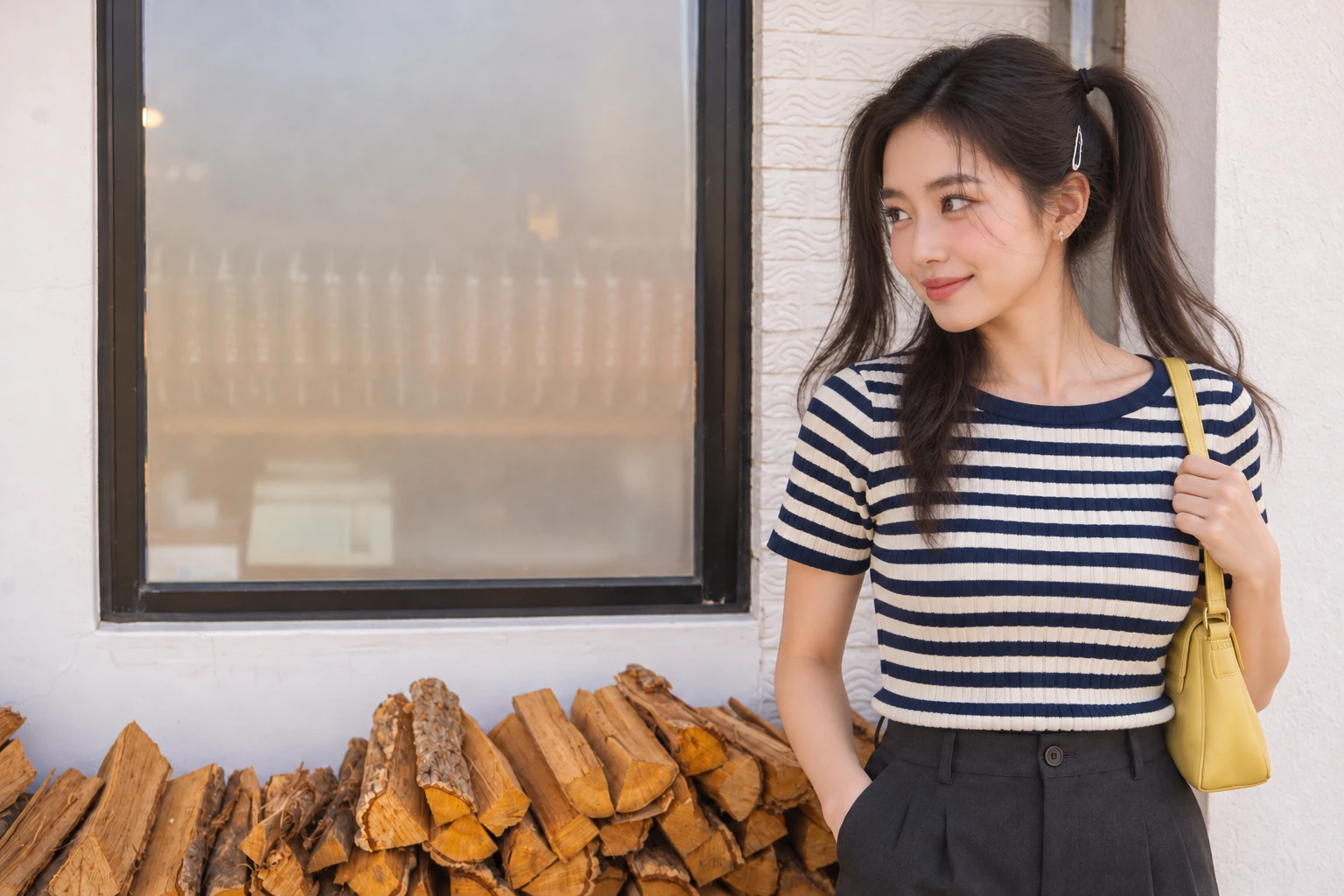 흰 벽과 장작 앞 줄무늬 상의 김마에 AI 여행 장면