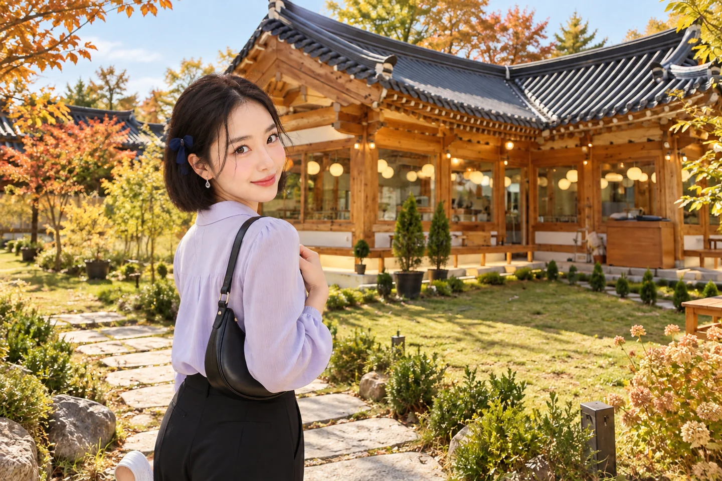김마에가 한옥 정원을 돌아보는 AI 여행 장면