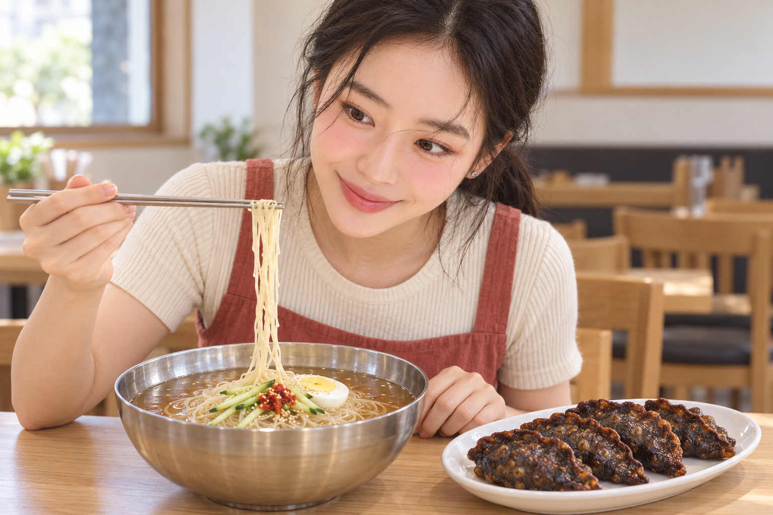 김마에가 젓가락으로 면을 조금 들어 살펴보는 장면과 물밀면 그릇, 짙은 반달 모양 튀김만두 접시. AI 연출이며 실제 방문·음식 사진이 아닙니다.