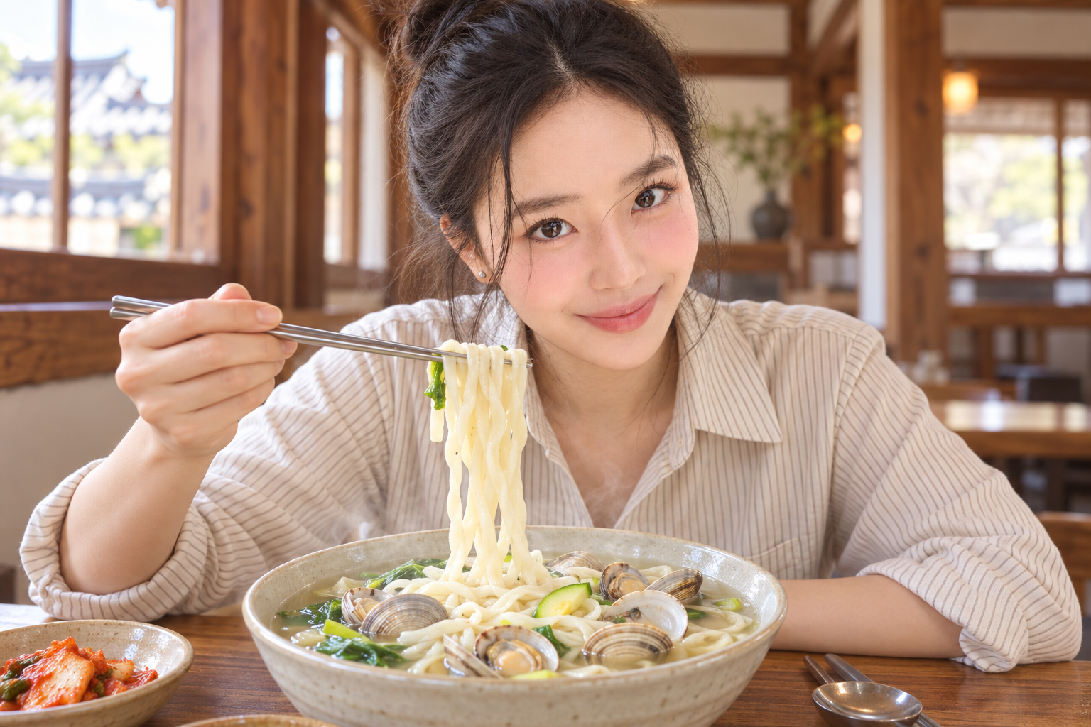 김 오르는 바지락 칼국수의 면을 들어 올리는 김마에의 AI 연출 장면