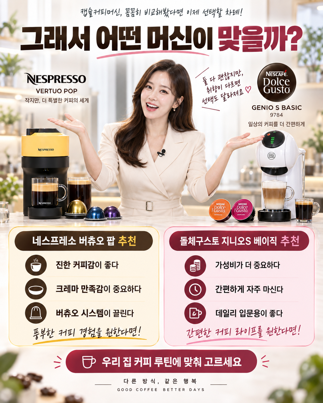 네스프레소 버츄오 팝과 돌체구스토 지니오S 베이직 중 커피 취향과 사용 루틴에 맞는 쪽을 고르는 최종 선택가이드