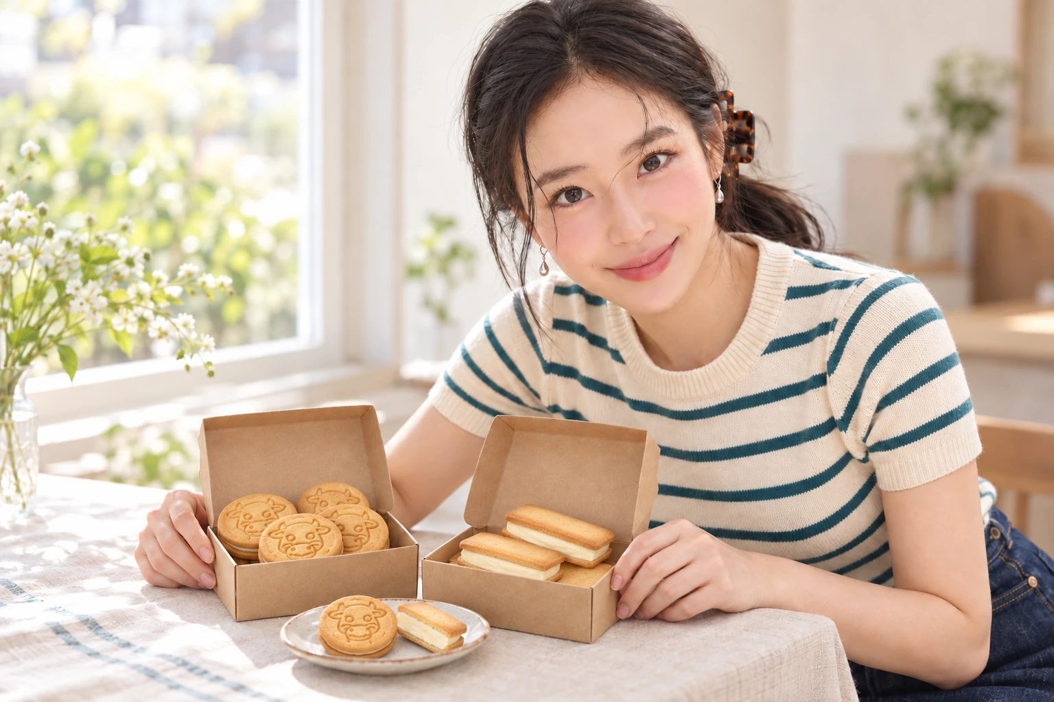 두 가게 메뉴를 비교하는 가상 인플루언서 김마에의 AI 삽화
