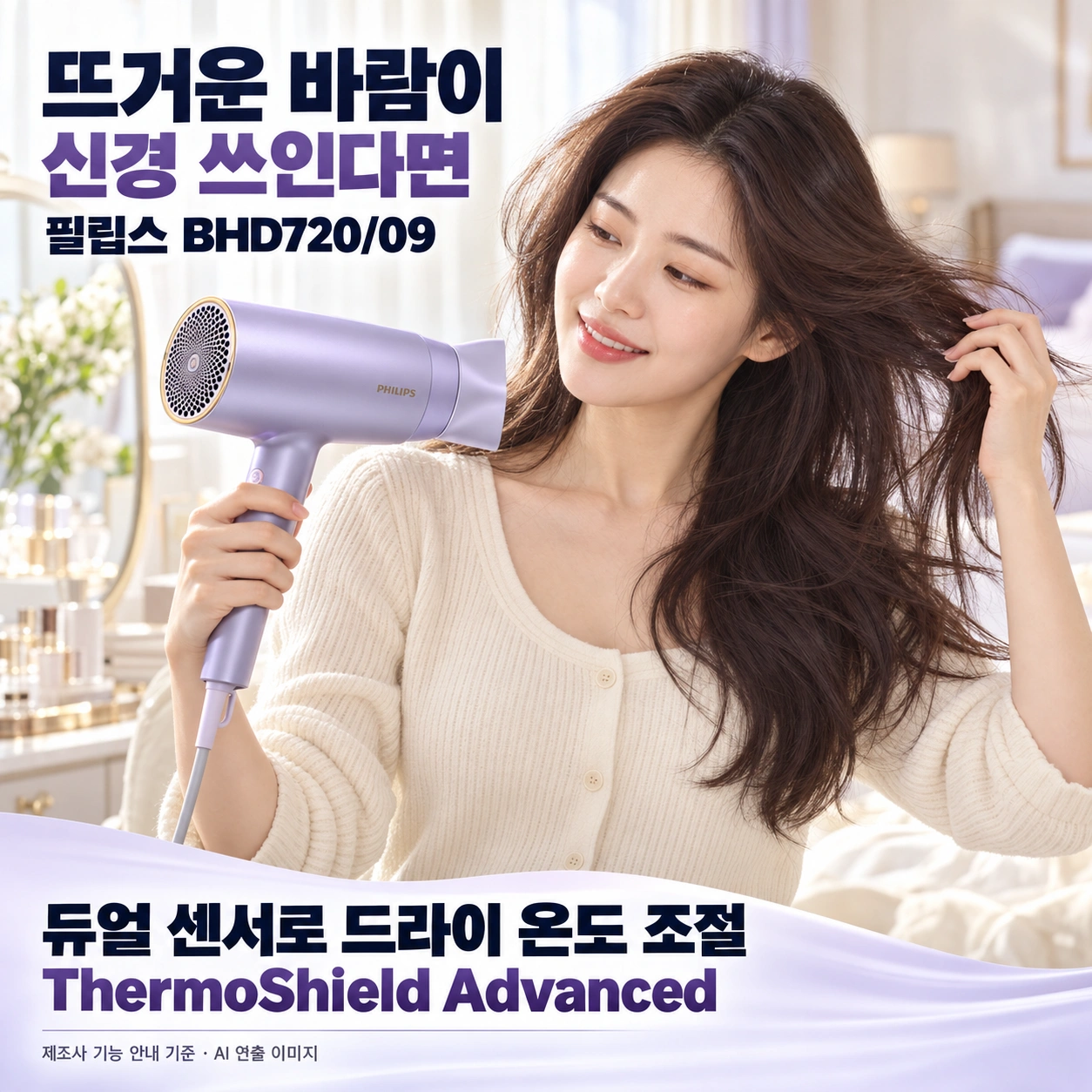 필립스 BHD720/09 듀얼 센서 온도 관리 기능을 설명하는 AI 연출 이미지