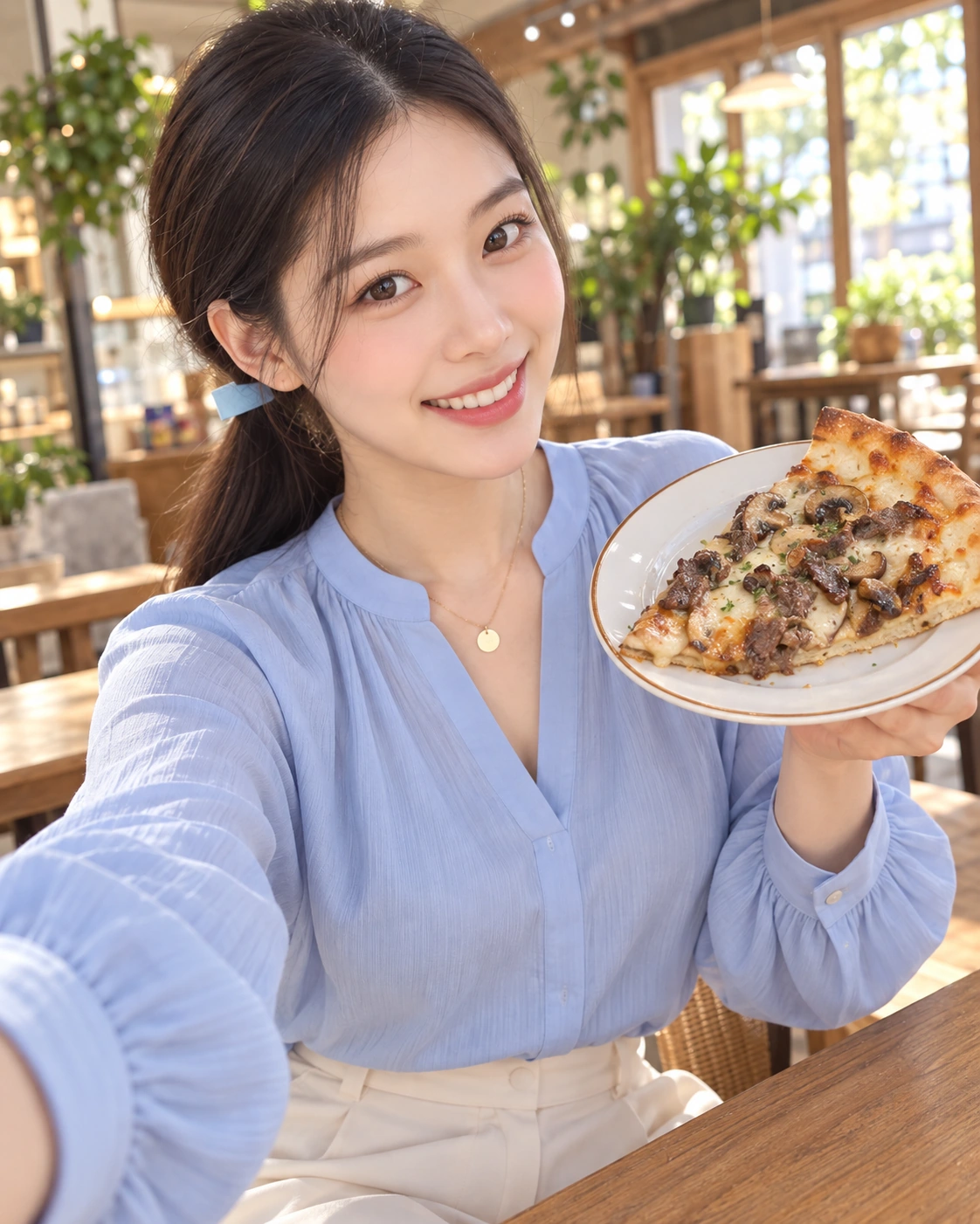 AI 가상 셀카: 고기와 버섯 피자 한 판을 가까이 든 김마에