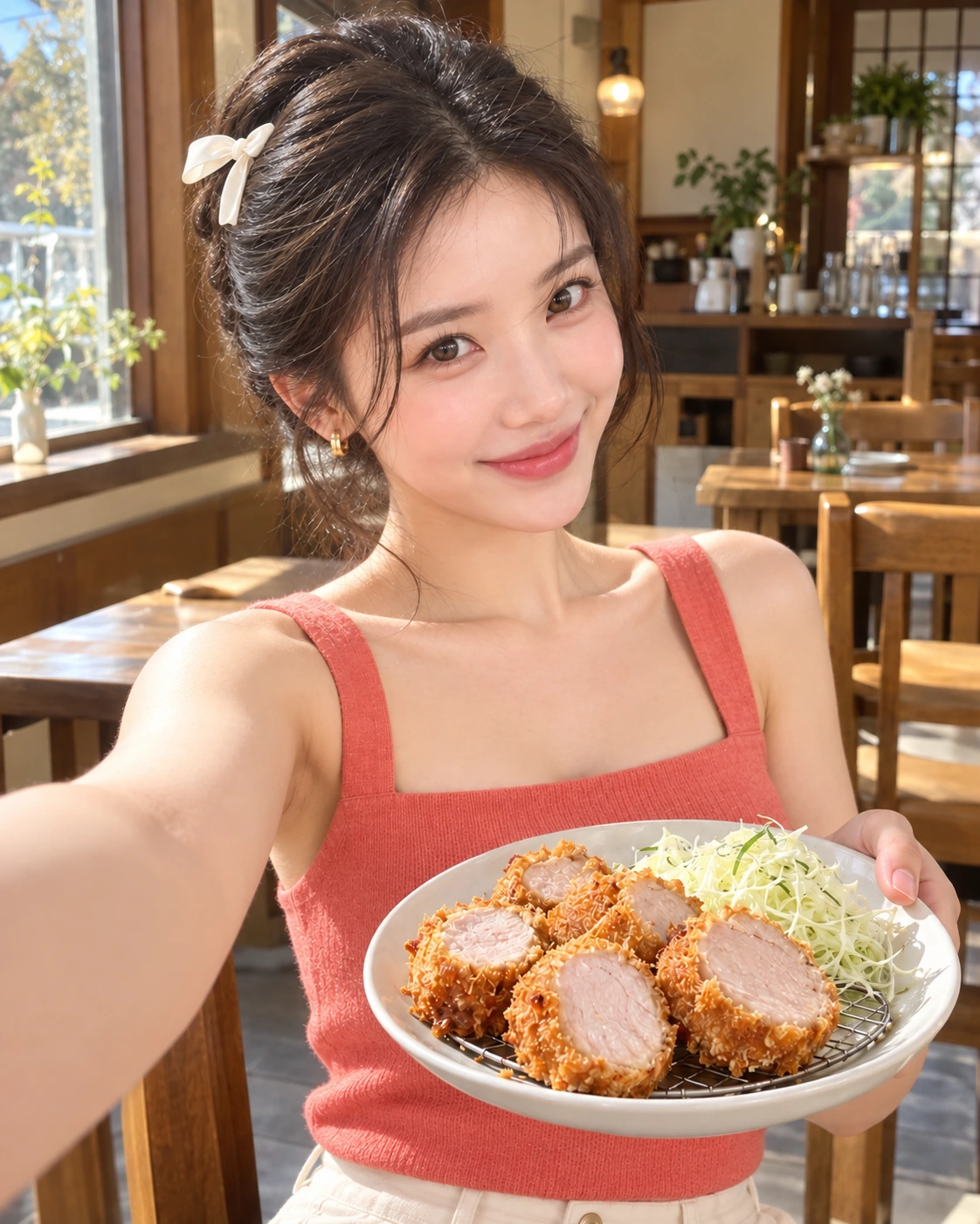 AI 가상 셀카: 안심카츠 접시를 앞으로 든 김마에