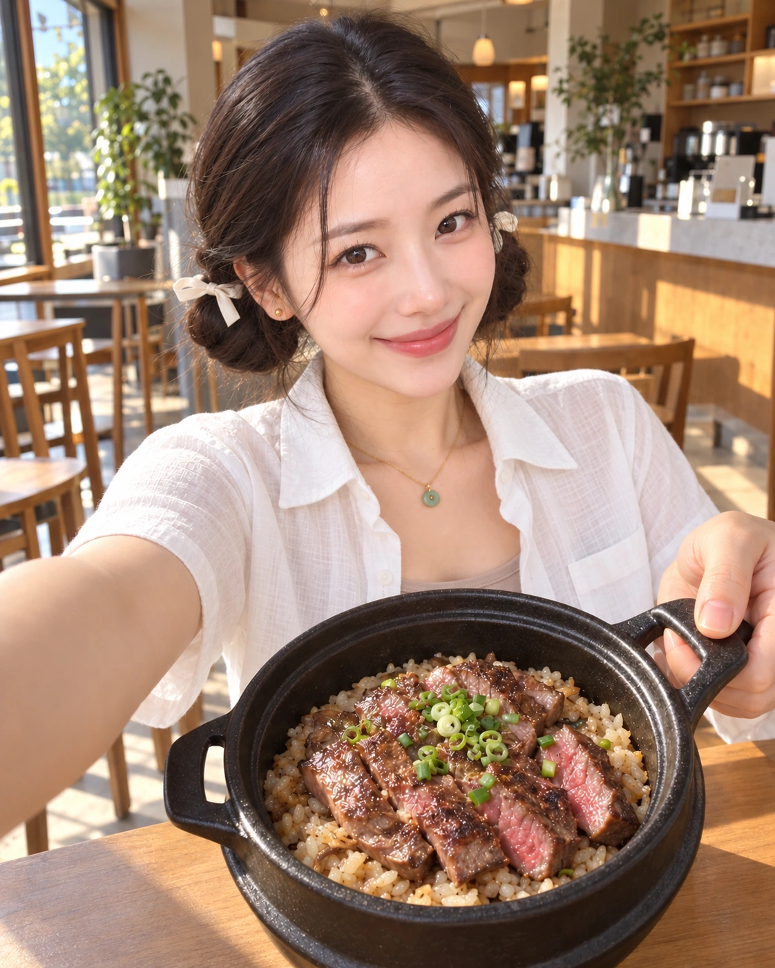 AI 가상 셀카: 스테이크 솥밥을 가리키는 김마에