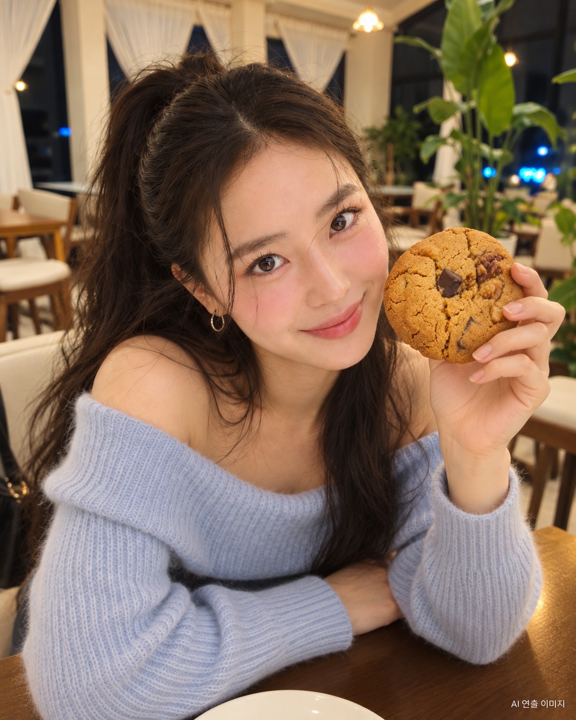 AI 연출 · 바삭한 멜쿠키를 들어 보여주는 가상 인플루언서 김마에. 실제 촬영 사진이 아니며 현장 쿠키의 모양을 참고했어요.