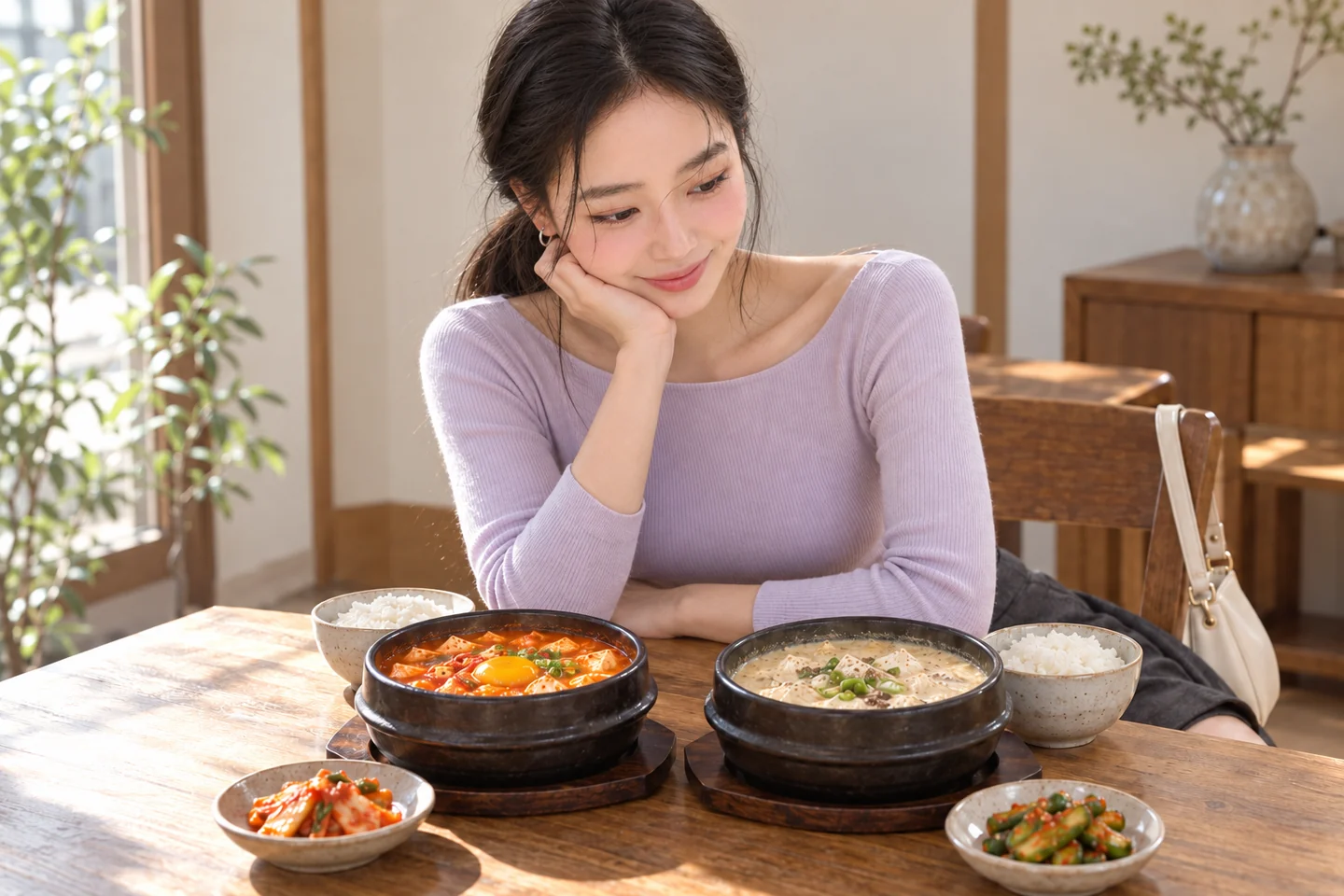 빨간 찌개와 들깨 국물 선택 장면 AI 재구성 이미지